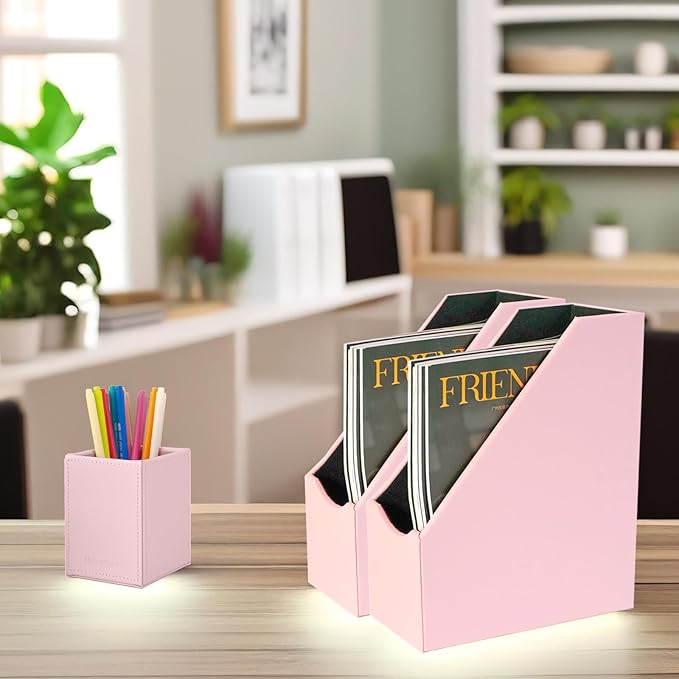 UnionBasic Magazine File Holder, Leatherette Desktop Document Organizer, Home Office Paper Holder File Storage Literature Sorter, Pink