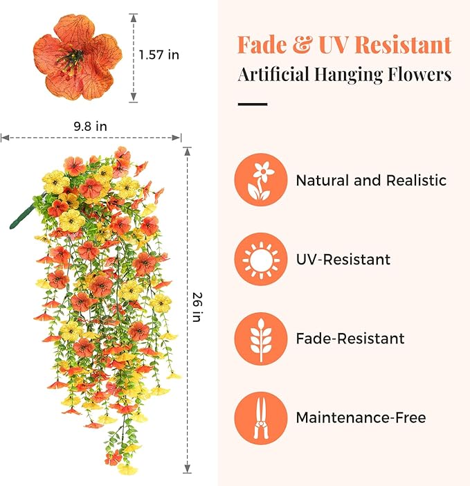 2PCS Artificial Hanging Fall Flowers for Outdoors Decorations, Orange Yellow Realistic Silk Daisy with Eucalyptus, UV Resistant Faux Mums for Home Decor Patio Garden Planters Yard Balcony