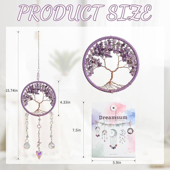 Tree of Life Crystal Suncatchers for Window Hanging Wind Chime Style Garden Sun Catchers with Natural Purple Stone Crystals Rainbow Maker Indoor Outdoor Decor Handmade Gold Plated Suncatcher