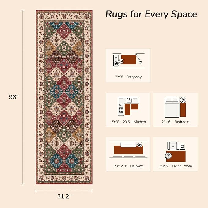 Lessymo Washable Runner Rug 2.6x8, Moroccan Faux Wool Runner Rug Non Slip for Hallways Kitchen Entryway Laundry Room Bedroom Bathroom, Low Pile, Kid & Pet Friendly, Classic Red and Cream