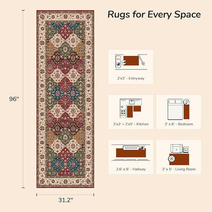 Lessymo Washable Runner Rug 2.6x8, Moroccan Faux Wool Runner Rug Non Slip for Hallways Kitchen Entryway Laundry Room Bedroom Bathroom, Low Pile, Kid & Pet Friendly, Classic Red and Cream