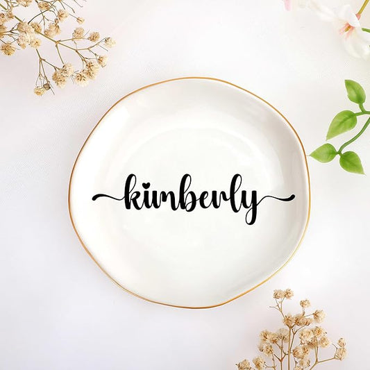 JoycuFF Kimberly Personalized Name Ceramic Jewelry Tray, Mothers Day Christmas Anniversary Engagement Birthday Gifts for Women Couples, Trinket Dish for Rings Earrings Necklaces Bracelets Keys