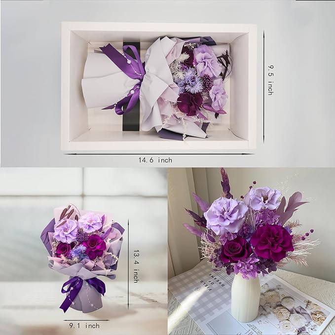 HUACHIPLUS Preserved Rose Bouquets: Fresh Flowers Bouquet- Romantic Gifts for Mom Wife Girlfriend Women-Flowers for Delivery Prime on Christmas Valentines Day Anniversary Mothers Day Birthday(Violet)
