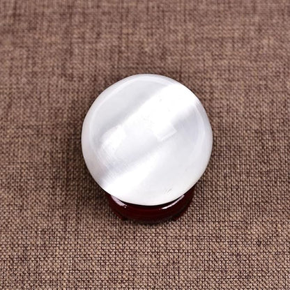 JIC Gem Selenite Crystal Ball with Wooden Stand Healing Crystal Sphere for Meditation, Home Decoration 2-2.3 Inch(50-60mm)