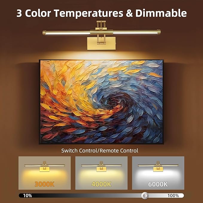 24“ Picture Lights for Wall Battery Operated, Wireless Picture Lights with Remote, Rechargeable Wall Light 3000K/4000K/6000K Dimmable, Art Lighting for Paintings Frame Gallery Dartboard Light, Brass