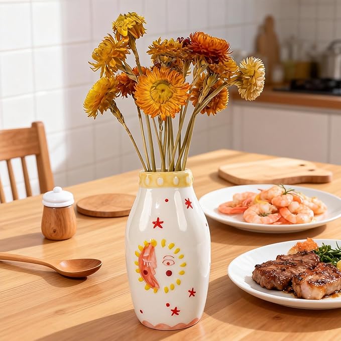 Unique Ceramic Vase, Cute Boho Decor, Small Cream Vase for Dried Flowers or Single Bud - Sun and Moon Face Design