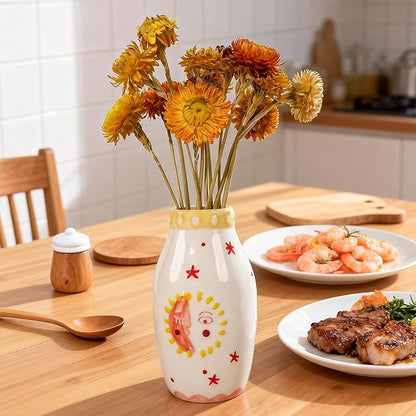 Unique Ceramic Vase, Cute Boho Decor, Small Cream Vase for Dried Flowers or Single Bud - Sun and Moon Face Design