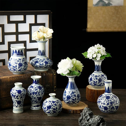 Dandat 8 Pcs Mini Chinoiserie Bud Vases Ceramic Blue and White Floral Chinese Porcelain Vase Set for Shelf Table Centerpieces Home Decor(Elegant)
