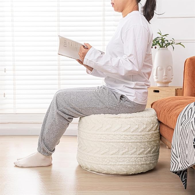 Boucle Pouf Ottoman and Foot Rest 20 x 20 x 14 Inches Floor Pouf Boho Foot Stool Home Decor for Couch Sofa Bean Bag Chairs Cream