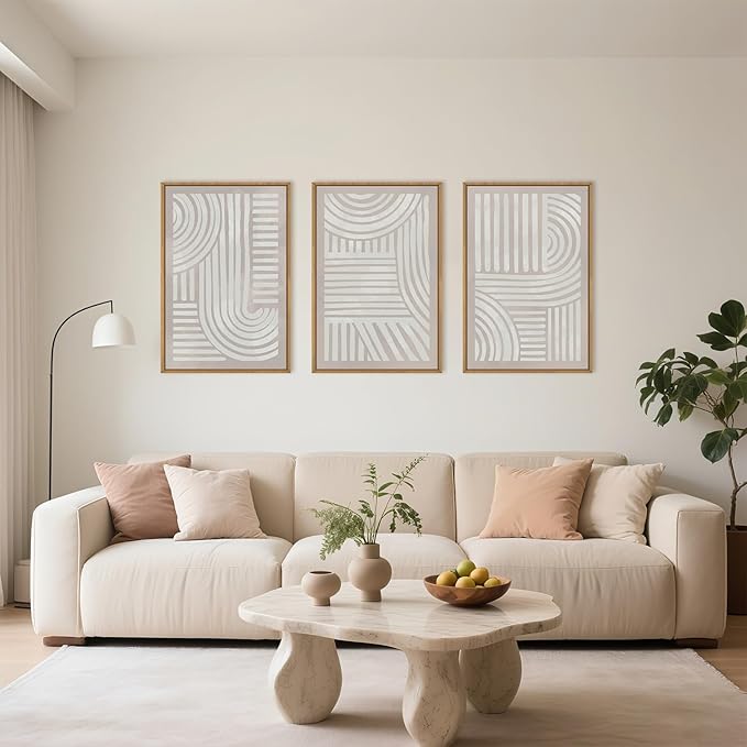 Large Abstract Neutral Geometric Framed Canvas Wall Art,Boho Minimalist Shapes Wall Decor,Modern Lines Artwork,Mid Century Arch Art Print for Living Room,Bedroom,Office- 16"x24"x3