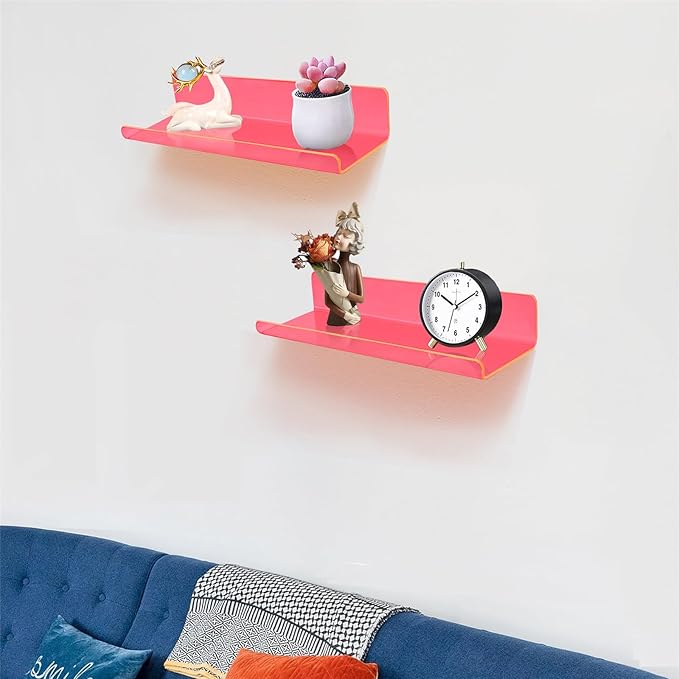 ROYALITA Small Acrylic Shelves Wall Mounted | Set of 2 | 12 Inches | Wall Hanging Plant Display Shelves, Room Decor Floating Wall Shelves for Gaming Room Bedroom, Living Room, Office, Pink
