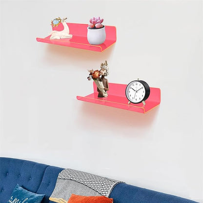ROYALITA Small Acrylic Shelves Wall Mounted | Set of 2 | 12 Inches | Wall Hanging Plant Display Shelves, Room Decor Floating Wall Shelves for Gaming Room Bedroom, Living Room, Office, Pink
