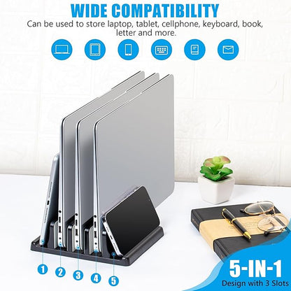 Ryvlan Vertical Laptop Stand, 3 Slot Adjustable Laptop Storage Rack and Desk Organizer, Silicone-Padded Holder for Multiple Devices Storage, Compatible Stand for Tablets and Devices up to 17 Inches