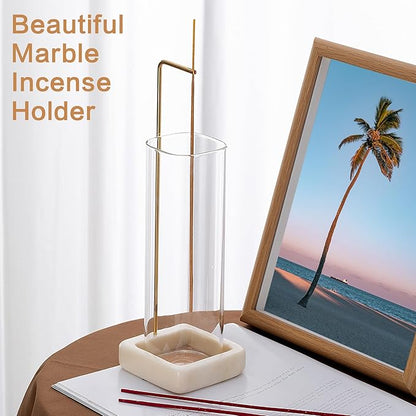 Incense Holder, Unique Marble Incense Stick Holder, 100% Anti-Ash Flying, Brass Incense Holder for Sticks, Incense Burner Holder for Meditation Yoga (White)