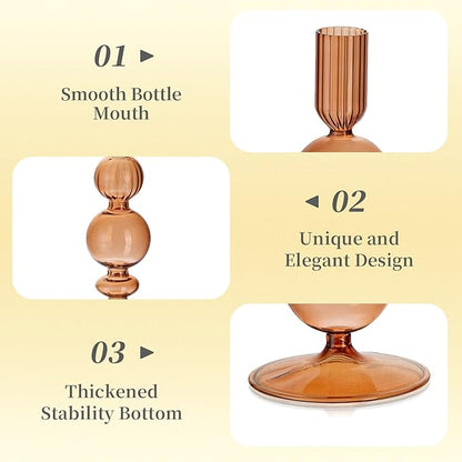 Hewory Glass Candlestick Holders Set: 3PCS Brown Candle Holder Taper Candle Holders Bulk, Crystal Ribbed Candle Sticks Holder Decor for Table Centerpiece Wedding Christmas Thanksgiving Dinner