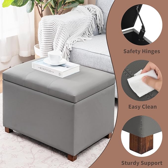 Joveco 24" Leather Storage Ottoman Bench, Rectangle Foot Rest Stool for Living Room, Bedroom, Entryway, Grey