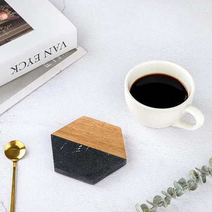 Wood Black Marble Coasters for Drinks, Modern Rustic Acacia Hexagon Coaster Set Decorative Bar Coaster for Coffee Wooden Table Beer Mug Christmas Housewarming Wedding Home Decor 4Pcs