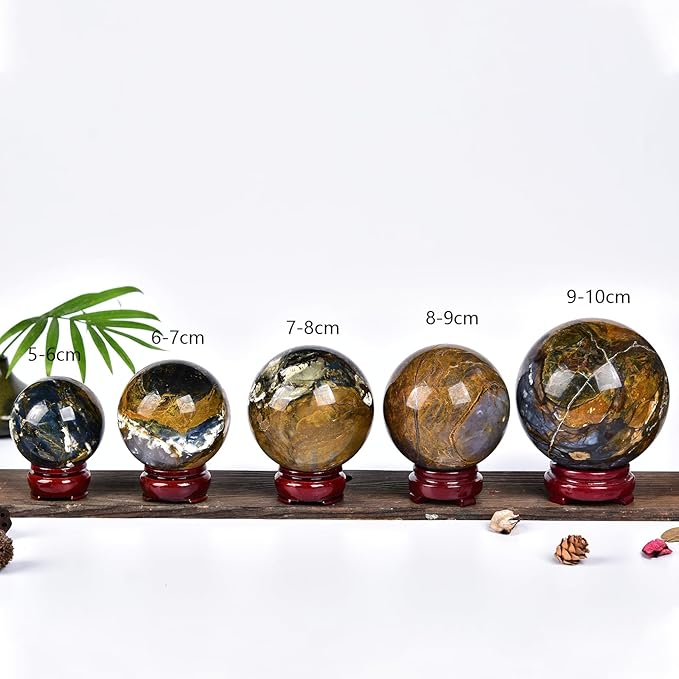 JIC Gem Pietersite Crystal Sphere with Wooden Stand, Blues and Golden Browns, 100-110mm