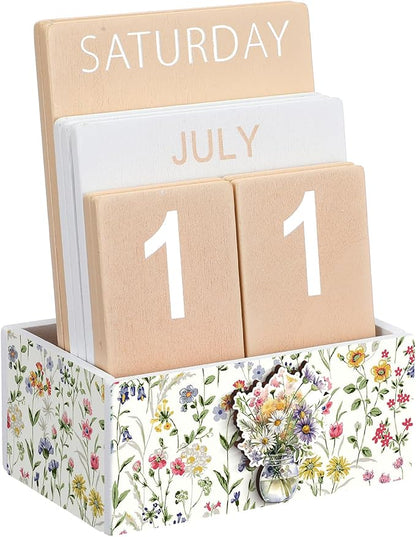 Wildflower Wood Block Perpetual Calendar Coquettish Farmhouse Desk Decor Cute Watercolor Wildflower Month Week Date Display Decorative Block Calendar Office Home Desk Gift for Women