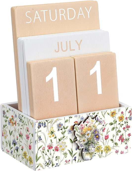 Wildflower Wood Block Perpetual Calendar Coquettish Farmhouse Desk Decor Cute Watercolor Wildflower Month Week Date Display Decorative Block Calendar Office Home Desk Gift for Women