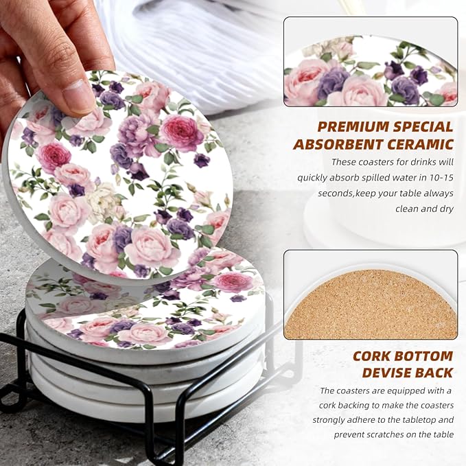 Coasters Set of 6 Ceramic Drink Coaster with Cork Base Modern Style Coasters for Mugs and Cups Office Kitchen 4 in