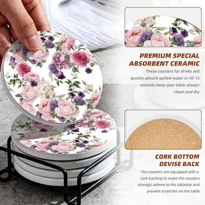 Coasters Set of 6 Ceramic Drink Coaster with Cork Base Modern Style Coasters for Mugs and Cups Office Kitchen 4 in