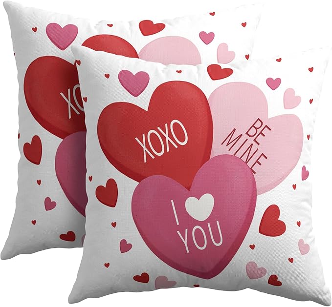 Valentines Day Pillow Covers 20x20 Set of 2 White Pink Heart Throw Pillow Covers Love Pillowcase Linen Decoration Farmhouse Holiday Cozy Soft Cushion Case Couch for Indoor Outdoor Home Decor