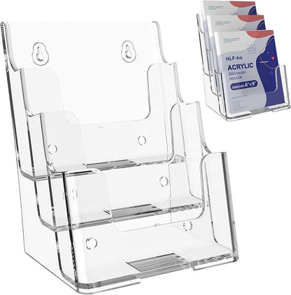 Brochure Holder 6x8 Inch 3 Tier Acrylic Literature Holders Clear Plastic Flyer Display Stand Countertop Use or Wall Mount Pamphlet Holder Organizer for Office, Lobby, Hotel, Trade Show, 1 Pack