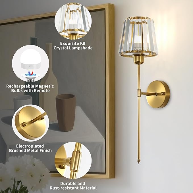 Battery Operated Crystal Wall Sconce Set of 2, Brushed Gold Wireless Wall Light with Remote Control, LED Dimmable 15 Colors USB Rechargeable Light Bulbs Wall Lamp for Bedroom Living Room Hallway