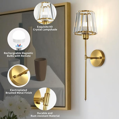 Battery Operated Crystal Wall Sconce Set of 2, Brushed Gold Wireless Wall Light with Remote Control, LED Dimmable 15 Colors USB Rechargeable Light Bulbs Wall Lamp for Bedroom Living Room Hallway