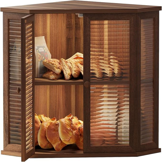 Corner bread box Bread Box for Kitchen Countertop - Corner Bread Storage Box 16.51" H, Premium Acacia Wood with Glass Door, Perfect for Homemade Bread, Baguettes & Pastries(Acacia wood)