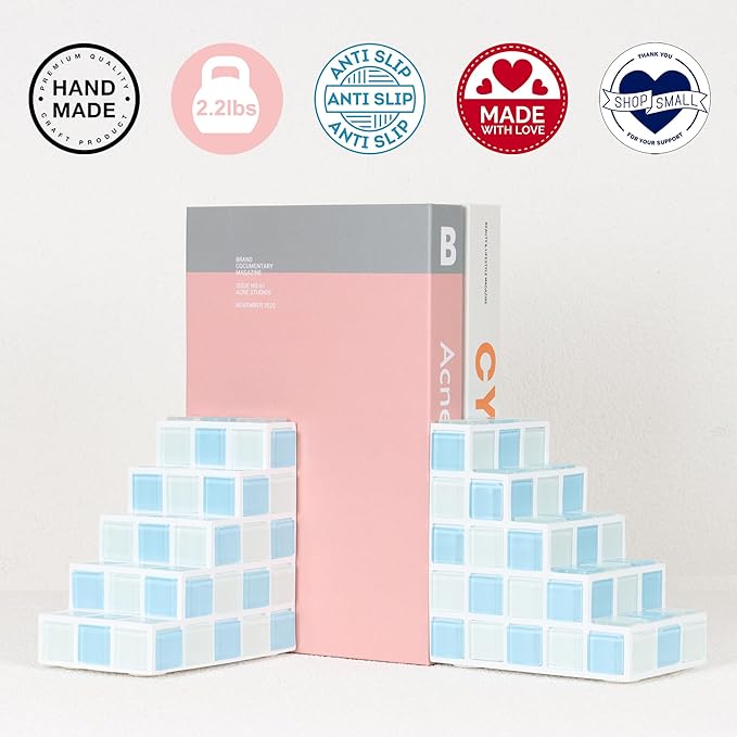 Decorative Bookends for Shelves - Stair Book Ends for Heavy Books - Unique Book Stopper & Holder for Shelves - Modern Home Decor Aesthetic Bookshelf Decor (Light Blue & White)