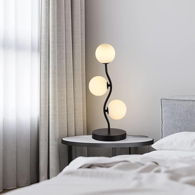 3-Light Curve Black Globe Table Lamp Mid Century Flower Beside Desk Table Light with Milk White Glass Shade Metal Base Nightstand Lamp for Bedroom Bedside