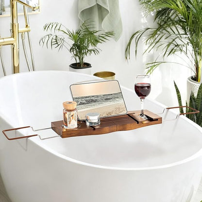 Teak Bathtub Tray Expandable Bathroom Tray for Home Spa Relaxation, Wooden Tray Caddy for Bathtub, Teak Bathtub Caddy as Unique Housewarming, Birthday, Wedding Shower Gifts. Light Walnut