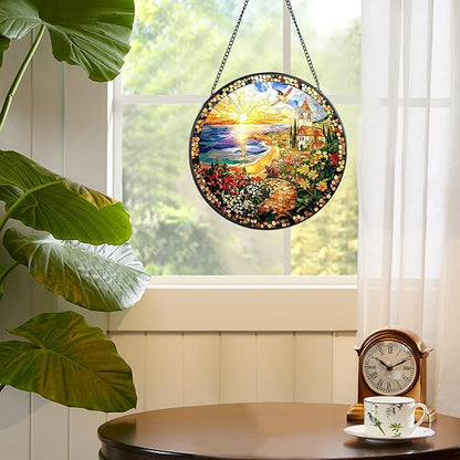 Country Stained Glass Window Hanging, 7.8" Round Sun Catcher Hand Painted Wall Art Decor with Chain, Unique Housewarming Gifts for Couples, Home