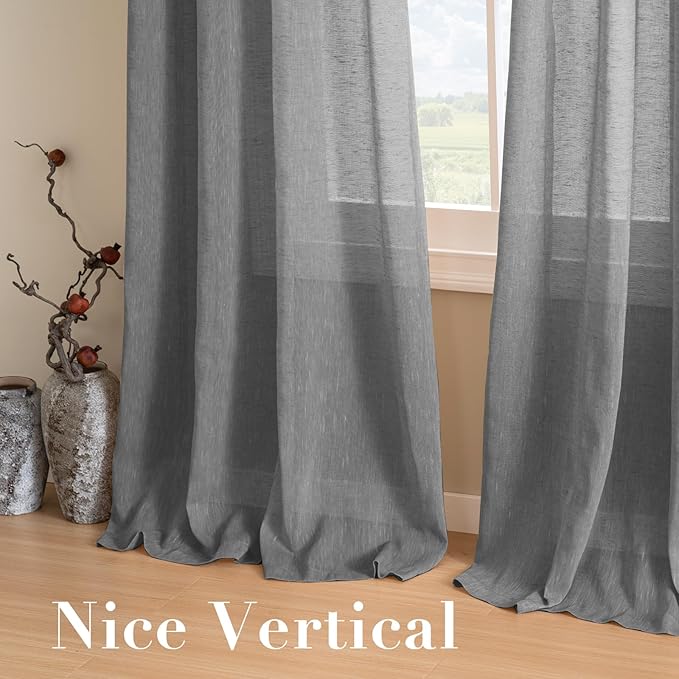 H.VERSAILTEX Linen Curtains Nickel Grommet Natural Linen Semi-Sheer Curtains 2 Panels Privacy Added Premium Soft Rich Material Drapes for Bedroom/Living Room - 37x63 Inch- Charcoal Grey