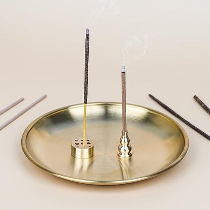 ZenBless 5 in 1 Incense Burner, Palo Santo Holder, Sage Holder, Incense Sticks/Coil/Cones, 5.5 inches Brass Ash Catcher for Meditation Yoga Room (Gold_2pcs)