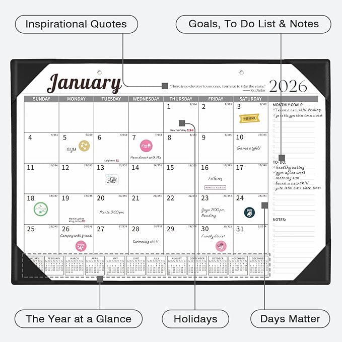 Ospelelf Desk Calendar 2026-2027 Wall Monthly Planner 12"x17" Leather Pad with Protective Cover 18 Months January 2026 - June 2027 Black