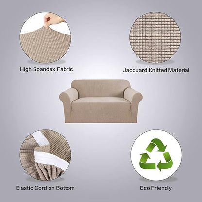 H.VERSAILTEX Stretch Couch Cover Loveseat Covers for 2 Cushion Couch Slipcover|Sofa Cover for Love seat 1 Piece with Elastic Bottom, Checked Jacquard Fabric(Loveseat 58'-70' Wide, Sand)