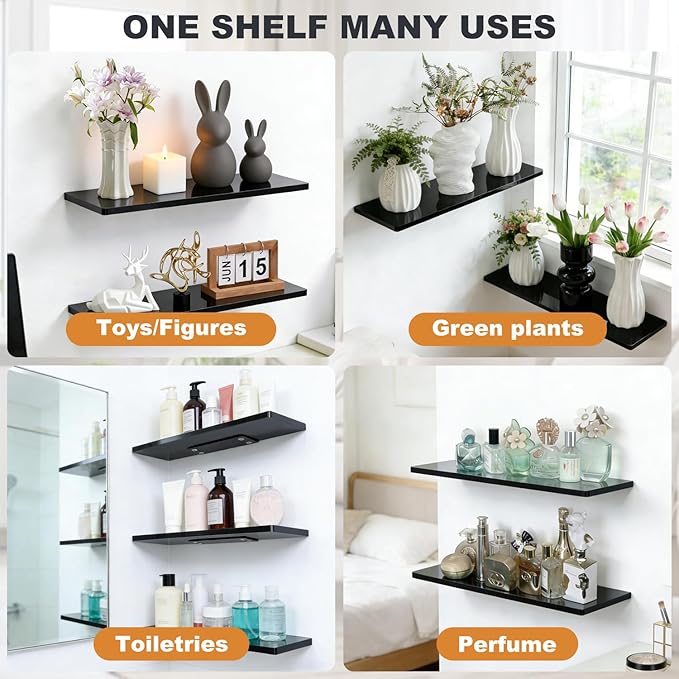 Floating Shelves for Wall Set of 2,12 in Wide Ehelf Narrow Floating for Decor Storage,Wall Mounted Acrylic Shelf,for Living Room, Bedroom, Bathroom and Kitchen(Black)