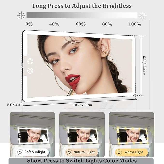 Led Car Sun Visor Vanity Mirror, Large Interior Mirrors with Lights, Dimmable Light up Vanity Makeup Mirror for Car,Rechargeable Rearview Mirrors for Sun Visor (White)