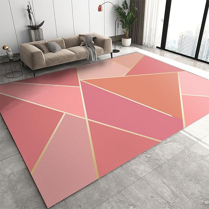 Pink Magenta Orange Irregular Geometric Area Rug, Nordic Simple Gradient Stitchin Print Large Rugs, Machine Washable Breathable Durable Carpet for Front Entrance Floor Living Room Decor,5.3 x 8ft