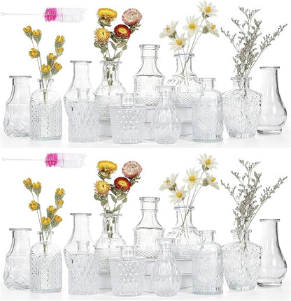 Glass Bud Vase Set of 24 Bud Vases in Bulk with 2 Brushes, Glass Vases for Centerpieces Cute, Vintage Wedding Decor Clear Bulk Mini Vase for Rustic Wedding Decorations, Home Table Flower Decor