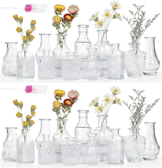 Glass Bud Vase Set of 24 Bud Vases in Bulk with 2 Brushes, Glass Vases for Centerpieces Cute, Vintage Wedding Decor Clear Bulk Mini Vase for Rustic Wedding Decorations, Home Table Flower Decor