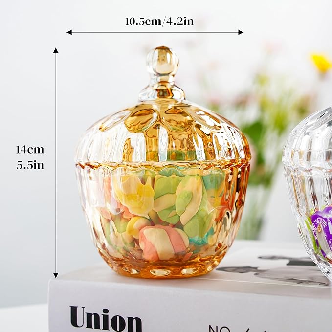 kanpura 11.5OZ Glass Candy Dish with Lid Candy Jars with lid Decorative Glass Storage Jar Cookie Jar with Lids for Office Desk Coffee Table Buffet Decor (Amber)