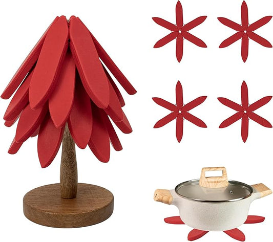 Silicone Trivets Mat Set for Hot Dishes - Tree Trivets with Stand - Hot Pads Pot Holders for Kitchen (Red)