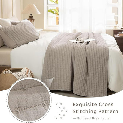 Sanracie Stonewashed Cotton Coverlet Oversized King(120"x120"), Linen Colored Cross Stitch Pattern California King Quilt Sets 3Pcs Ultra Soft Lightweight Crinkle Bed Coverlet Set for All Season