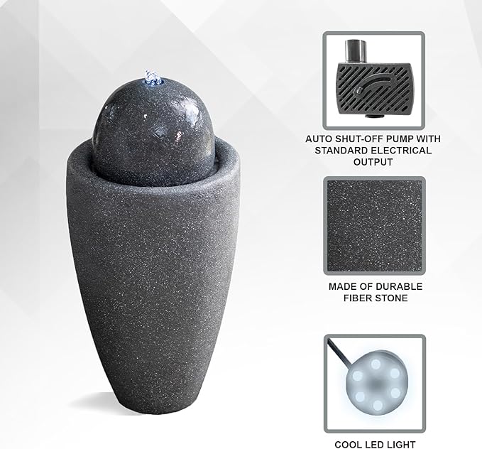 XBrand 26" Modern Sphere Water Fountain with LED Light – Indoor Outdoor Stone Texture Floor Fountain, Zen Bubbling Ball Water Feature for Garden Patio Porch - Gray