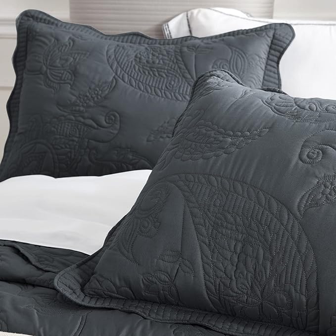 HZ & HY Oversized King Bedspread 128x120 Extra Wide, Quilted Coverlet Bedding Set, Lightweight Thin Comforter, Reversible, Luxurious, 5 Piece, 100% Microfiber, Dark Grey