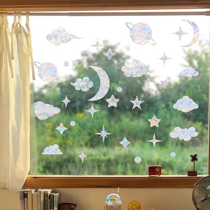 60 Pieces Star Moon Sun Catcher Window Clings for Glass Windows, Anti-Collision Stickers Star Moon Decals Prevent Bird Strikes, Cloud Planet Rainbow Prismatic Clings Non Adhesive Window Deco